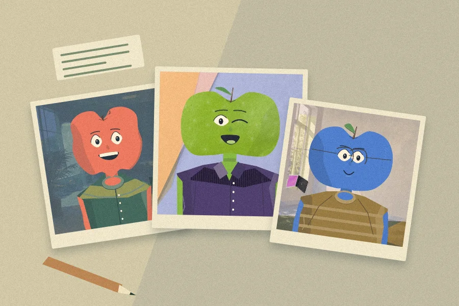 Three different Apple Guys editions laid out as art prints, all created from one collection’s code.