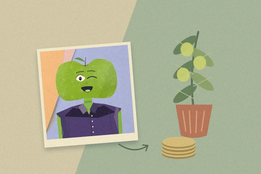 An Apple Guys edition beside a fruiting plant and a growing stack of reward coins.